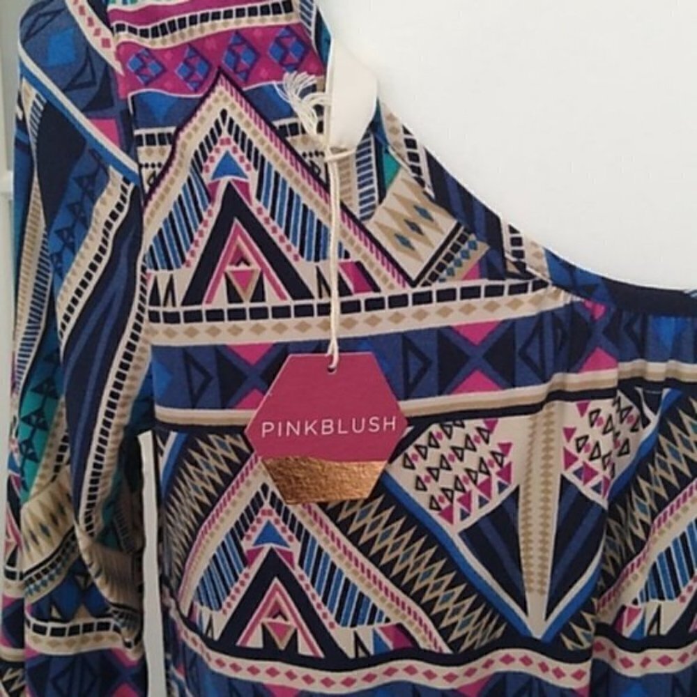NEW PinkBlush Maternity Navy Tribal Belted Dress - Picture 11 of 15